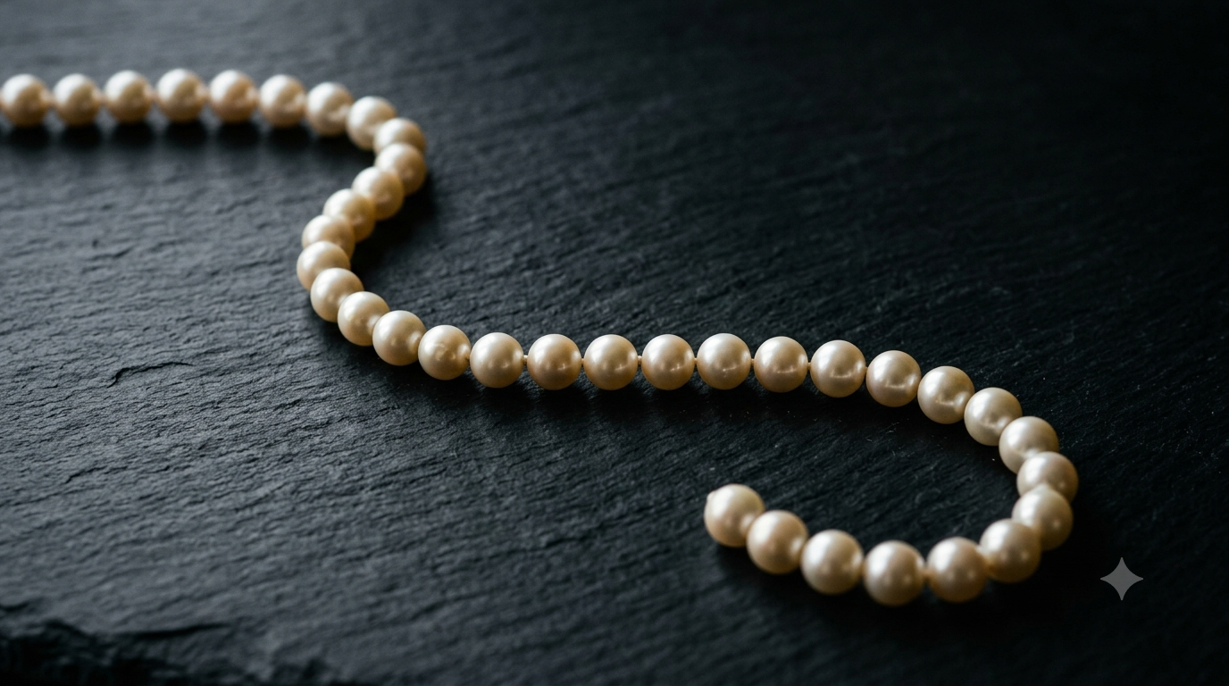 A premium pearl strand arranged in a graceful curve against a dark textured surface