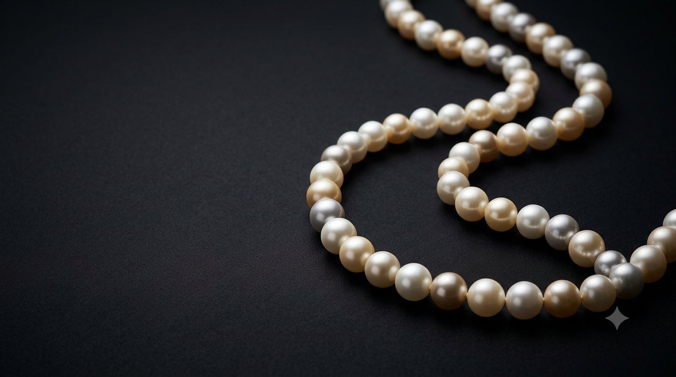 A premium graduated pearl strand resting against a dark charcoal surface