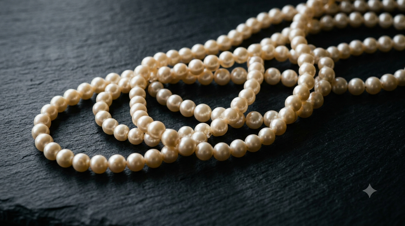 Coiled strands of pearls resting against a dark textured surface