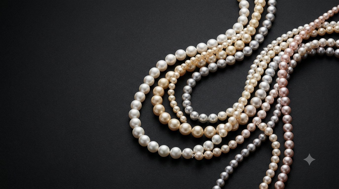 Editorial arrangement of multiple premium Nobilis pearl strands