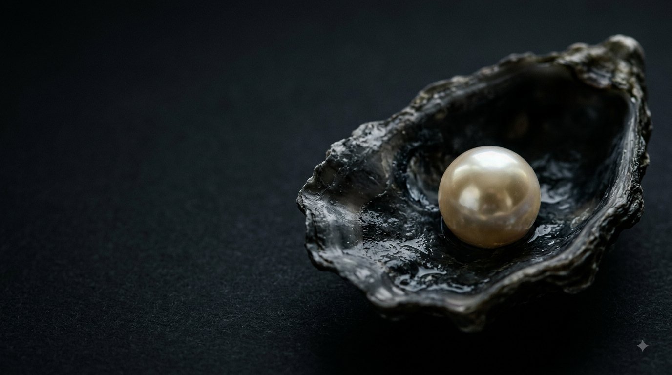 A single luminous pearl strand against a dark charcoal background